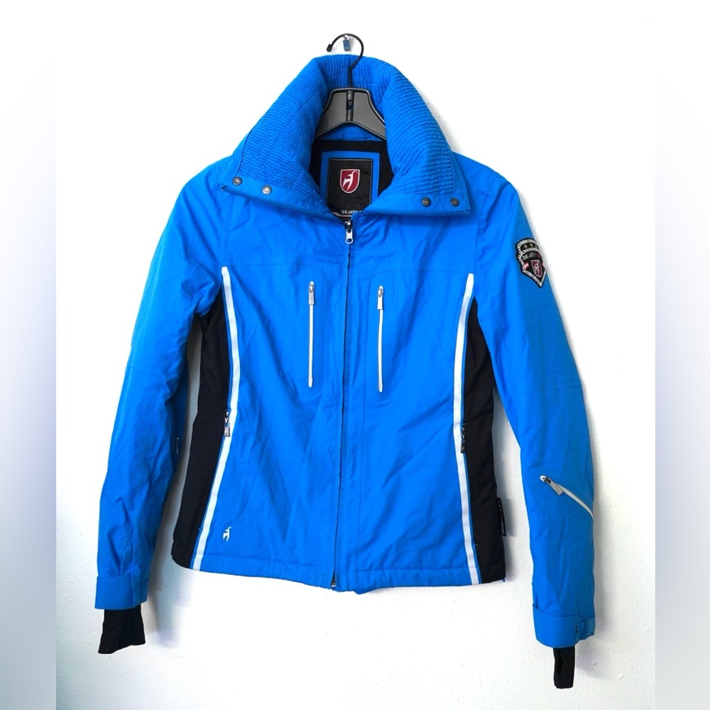Toni Sailer Women Winter Ski Blue Black Full Zip Hooded Jacket Size 38